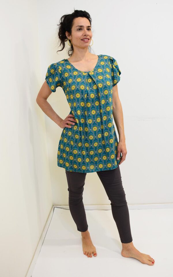 טוניקת כפלון פרחי חמניה טורקיז